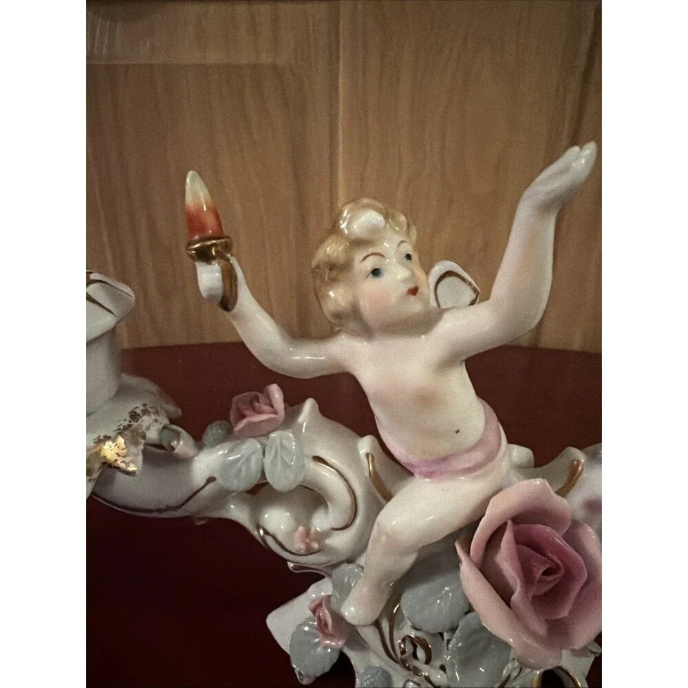 UCACGO Double Candlestick Holder Cherub Pink Roses Hand Painted Porcelain. Japan